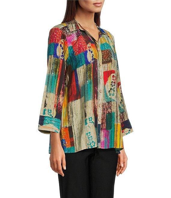 Ali Miles Petite Size Woven Abstract Multi Print Point Collar 3/4 Cuff Sleeve Button Front Tunic Product Image