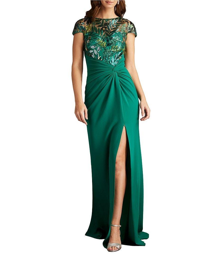 Tadashi Shoji Beck Sequin Crepe Illusion Boat Neck Cap Sleeve Front Twist Sheath Gown Product Image