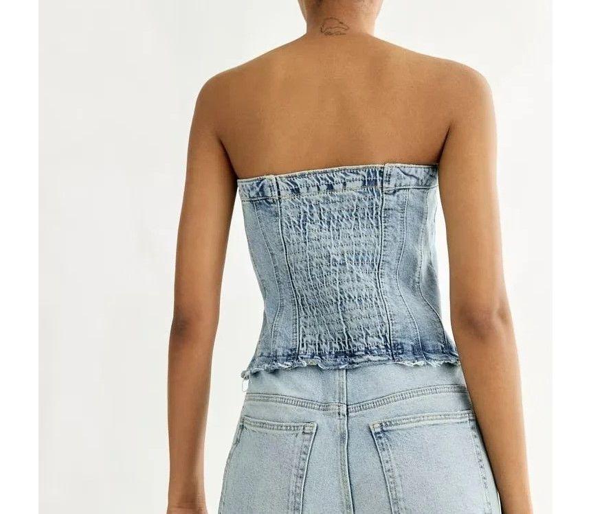 Strapless Denim Washed Wide Leg Jumpsuit Product Image