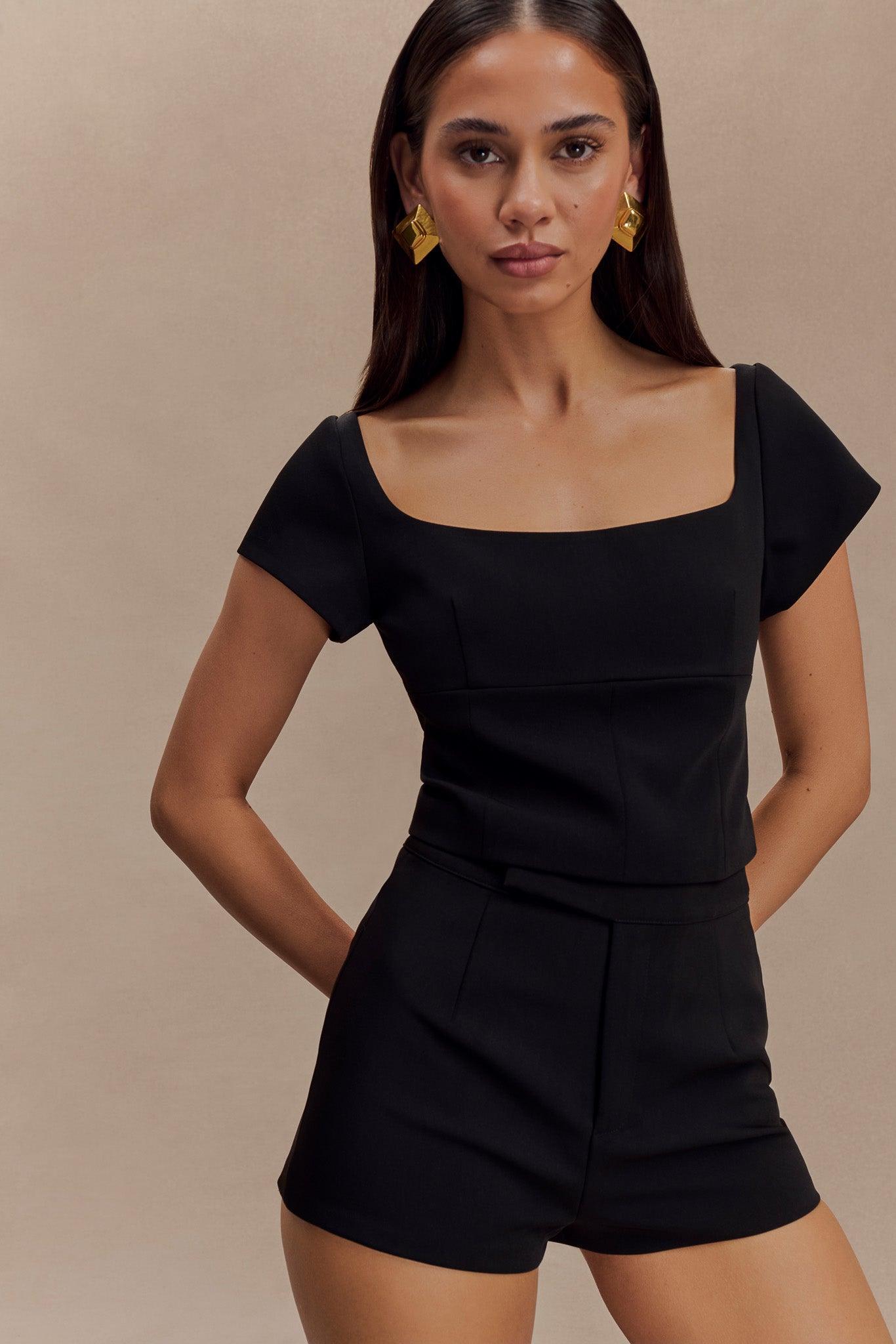 Ellis Cap Sleeve Longline Suiting Top - Black Product Image