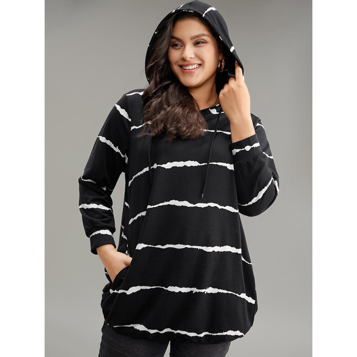Plus Size Striped Pocket Hooded Drawstring Sweatshirt Women Black Casual Printed Hooded Dailywear Sweatshirts BloomChic 18-20/2X Product Image