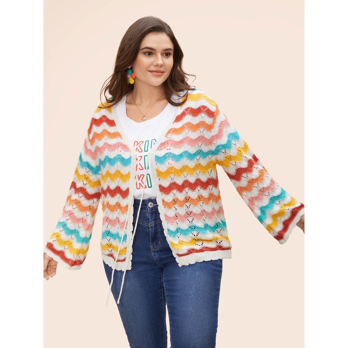 Plus Size Cotton Rainbow Perforated Front Tie Cardigan Multicolor Women Casual Loose Long Sleeve Everyday Cardigans BloomChic 12/L Product Image