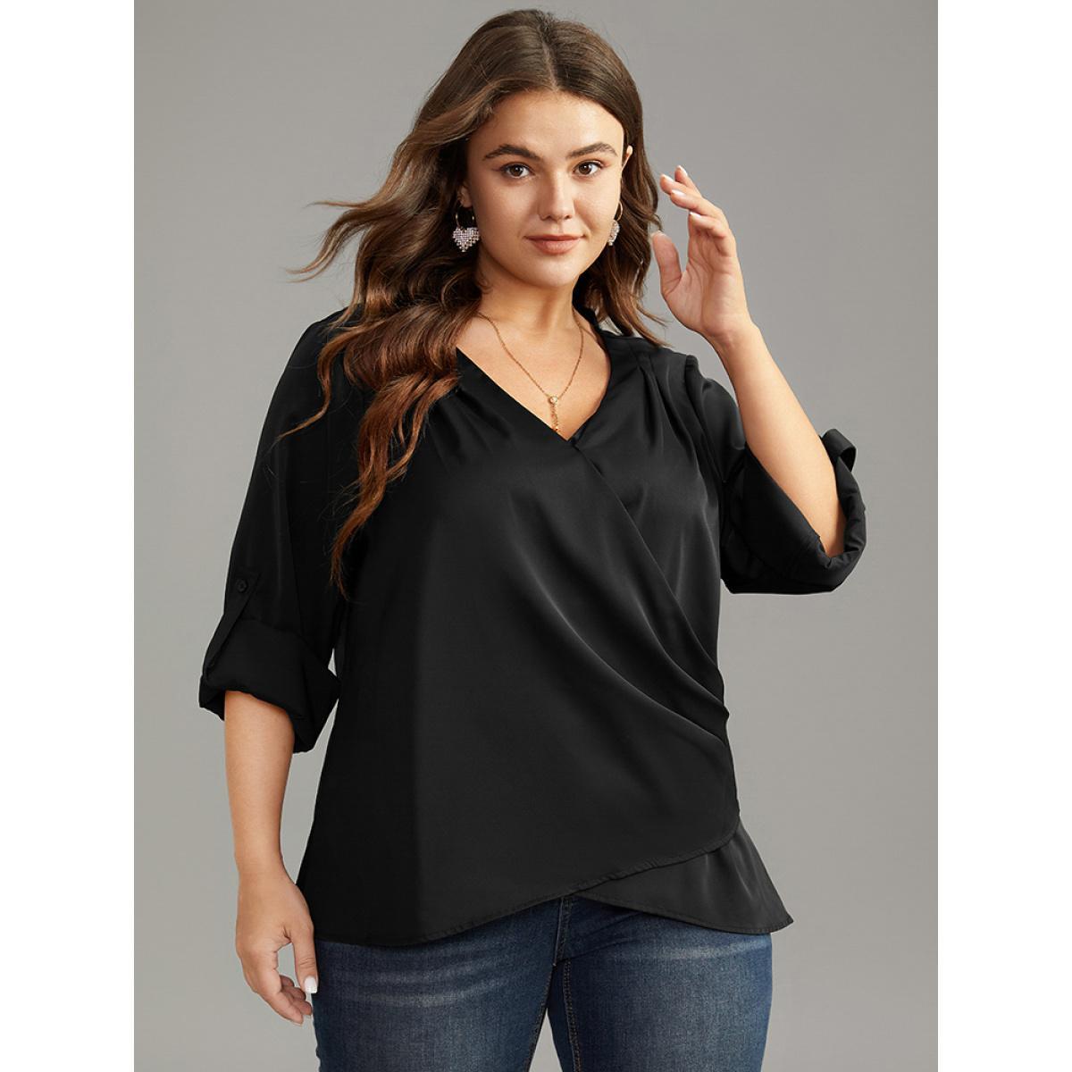 Plus Size Black Plain Tab Sleeve Wrap Pleated Blouse Women Work From Home Long Sleeve V-neck Work Blouses BloomChic 10/M Product Image