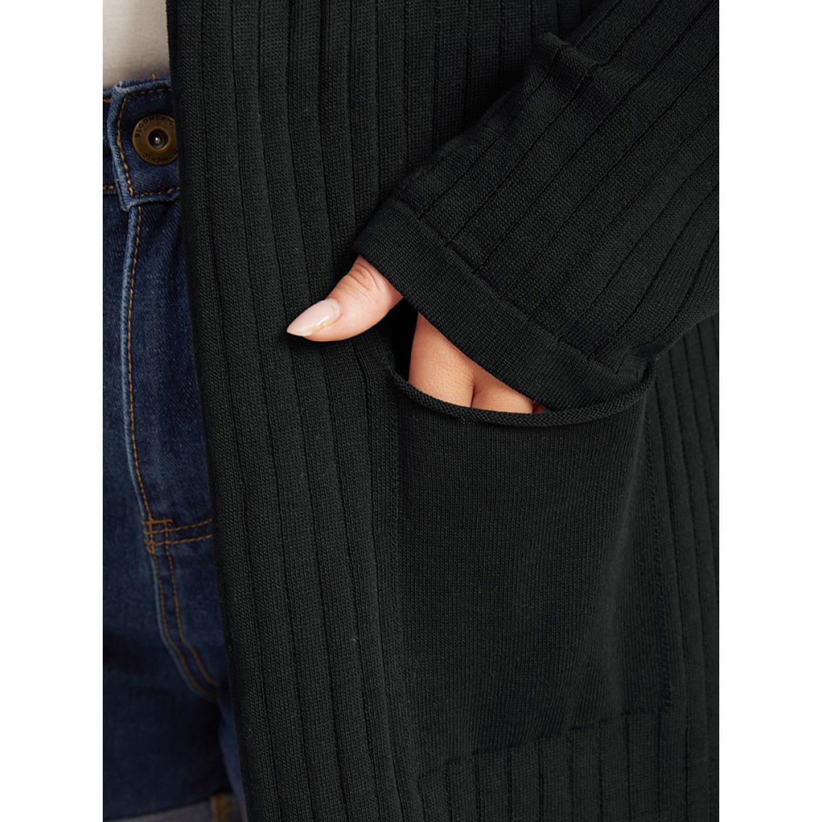 Plus Size Solid Rib Knit Pocket Lightweight Tunic Cardigan Black Women Basics Loose Long Sleeve Everyday Cardigans BloomChic 30/6X Product Image