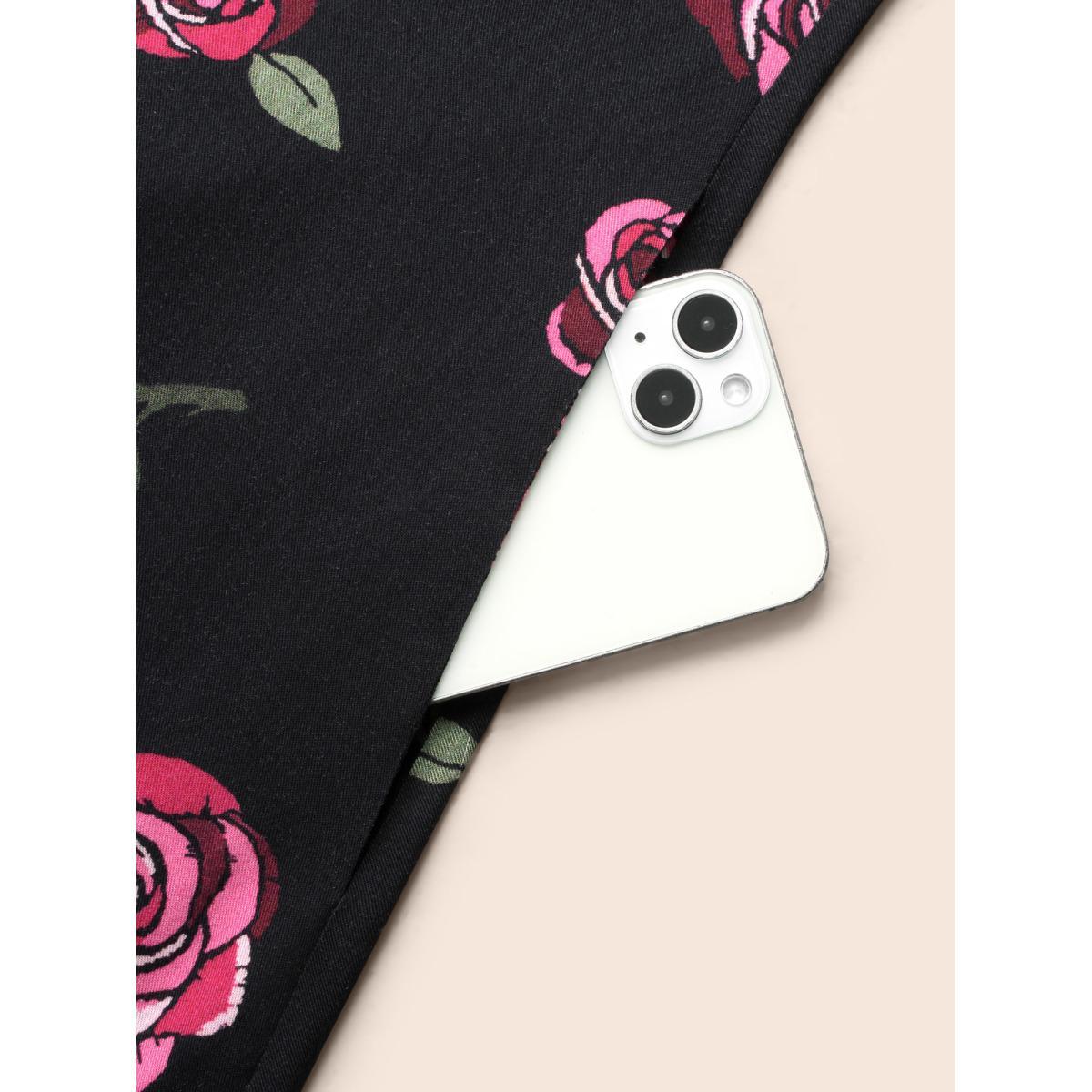 Plus Size Floral Heart Neckline Cross Straps Dress Black Women Elegant Cross straps Heart neckline Long Sleeve Curvy BloomChic 30/6X Product Image