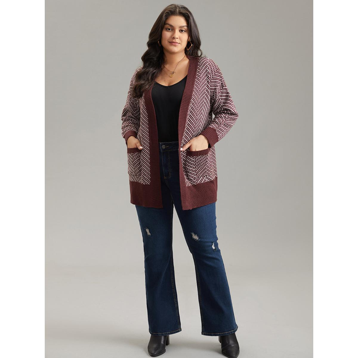 Plus Size Jacquard Open Front Pocket Loose Cardigan Maroon Women Casual Loose Long Sleeve Dailywear Cardigans BloomChic 12/L Product Image
