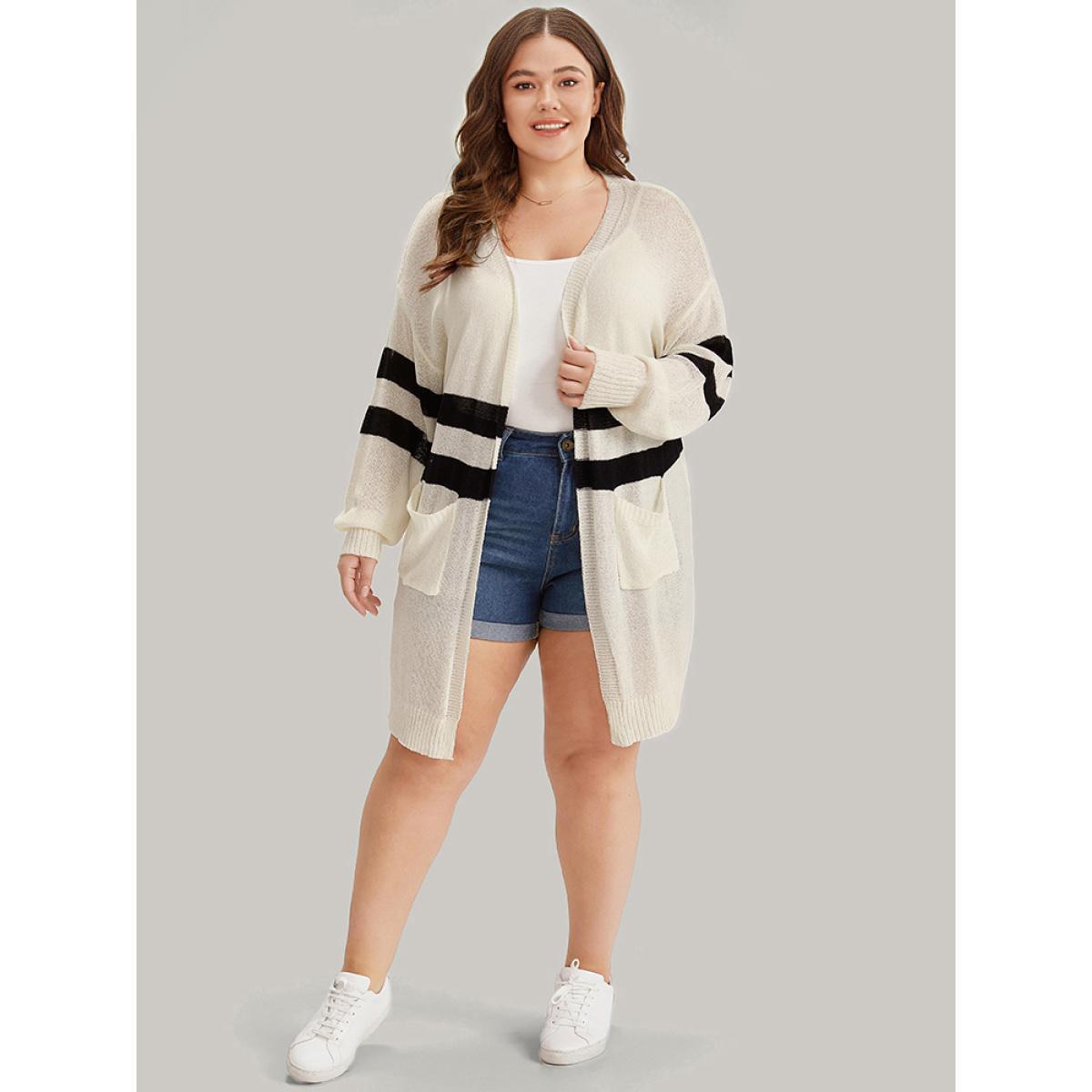 Plus Size Striped Pocket Open Front Cardigan Beige Women Casual Loose Long Sleeve Everyday Cardigans BloomChic 12/L Product Image
