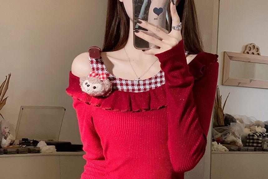 Long-Sleeve Cold Shoulder Mock Two-Piece Gingham Panel Ruffle Trim Drawstring Mini Sheath Dress Product Image