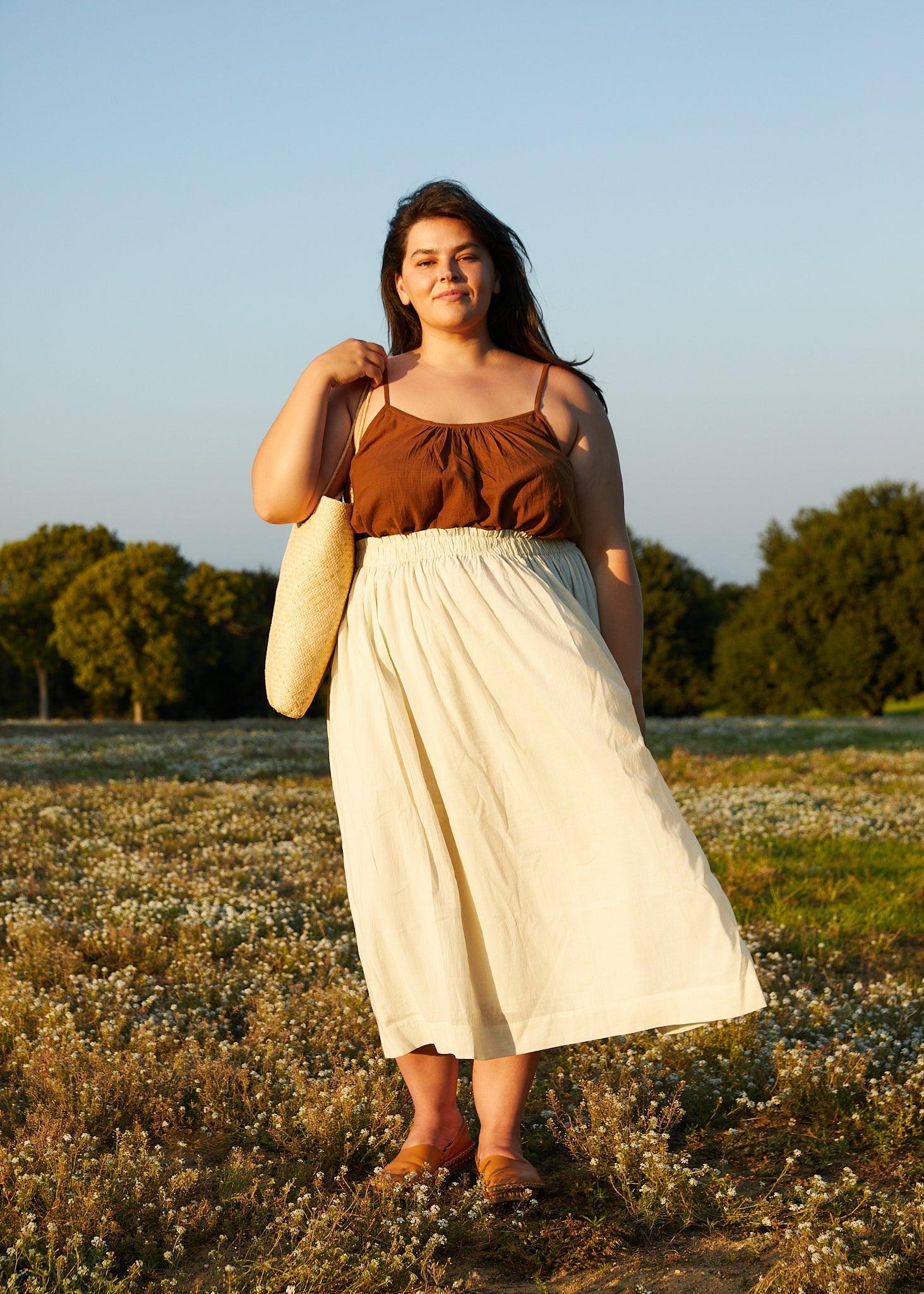 Off white cotton pleated Extended skirt Product Image