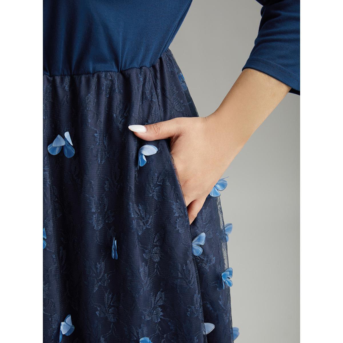 Plus Size Butterfly Patchwork Overlap Collar Mesh Dress DarkBlue Women Elegant Lined Overlap Collar Elbow-length sleeve Curvy Midi Dress BloomChic 26/4X Product Image
