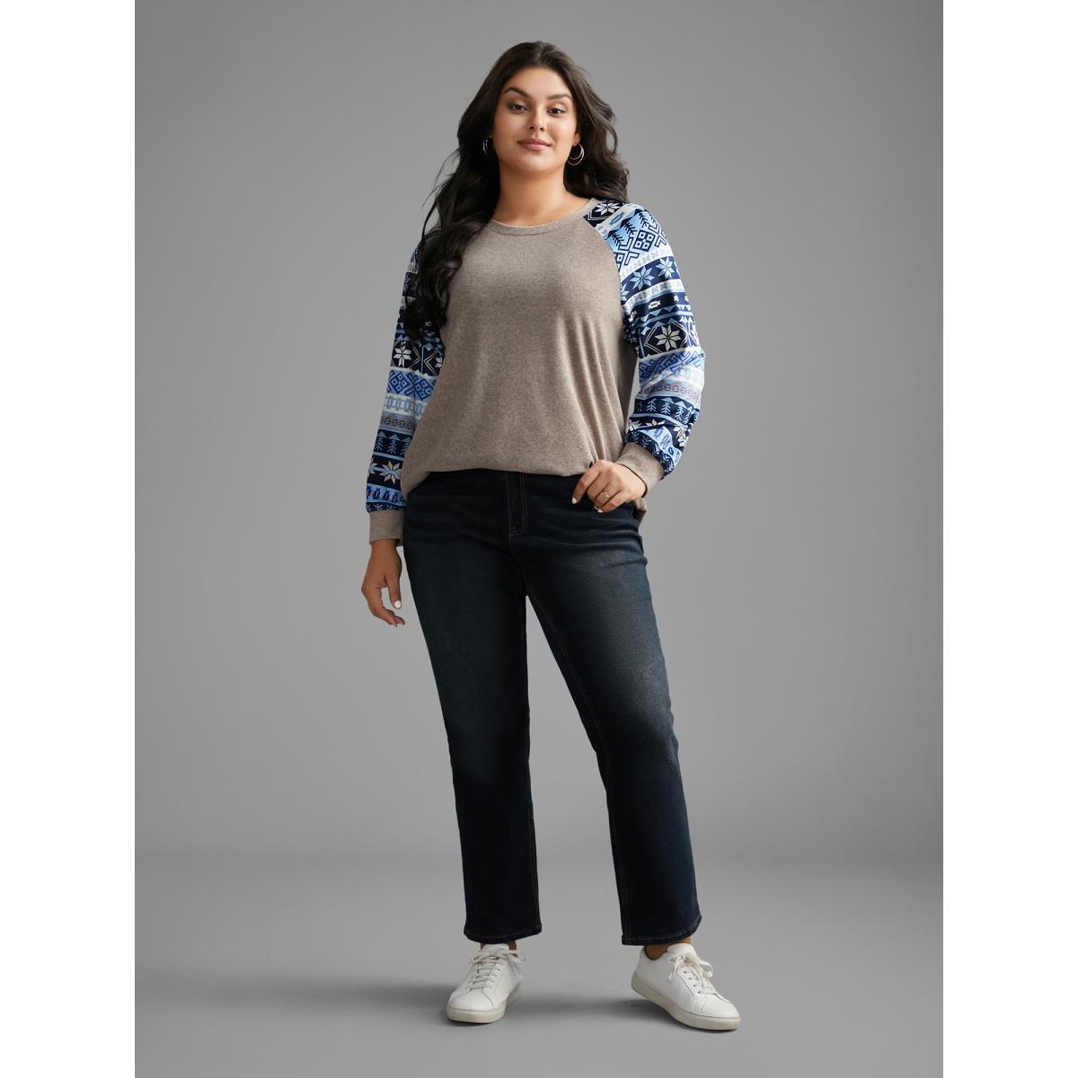 Plus Size Geometric Patchwork Contrast Raglan Sleeve Sweatshirt Women Champagne Casual Contrast Loose Round Neck Everyday Sweatshirts BloomChic 10/M Product Image