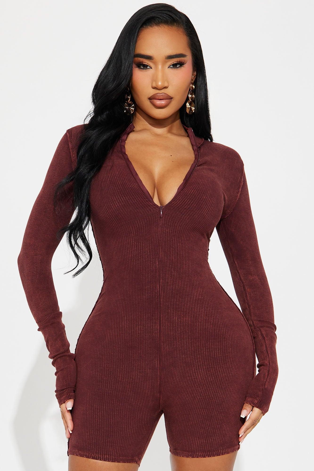 Tia Washed Snatched Romper - Burgundy Product Image