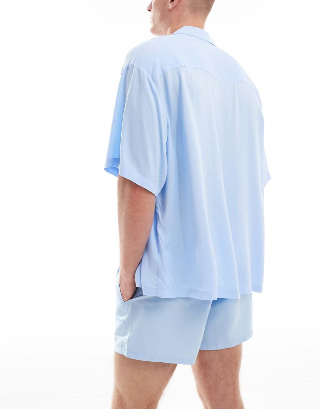 ASOS DESIGN boxy oversized camp collar viscose shirt in light blue - part of a set Product Image