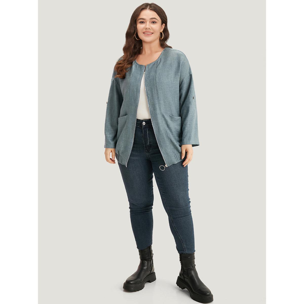 Plus Size Plain Pocket Zipper Tab Sleeve Jacket Women Aegean Zipper Pocket Dailywear Jackets BloomChic 22-24/3X Product Image