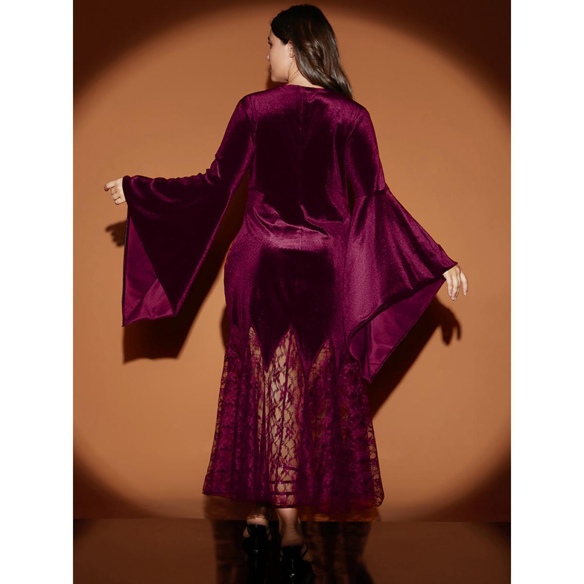 Plus Size Halloween Bell Sleeve Velvet Lace Insert Maxi Dress Burgundy Women Party Slit V-neck Long Sleeve Curvy Long Dress BloomChic 10/M Product Image