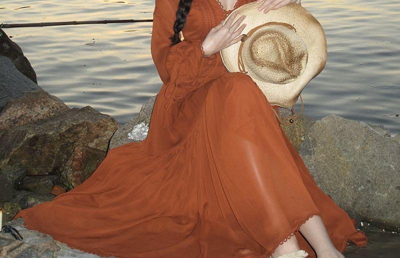 Long-Sleeve V-Neck Plain Lace Trim Maxi A-Line Dress Product Image