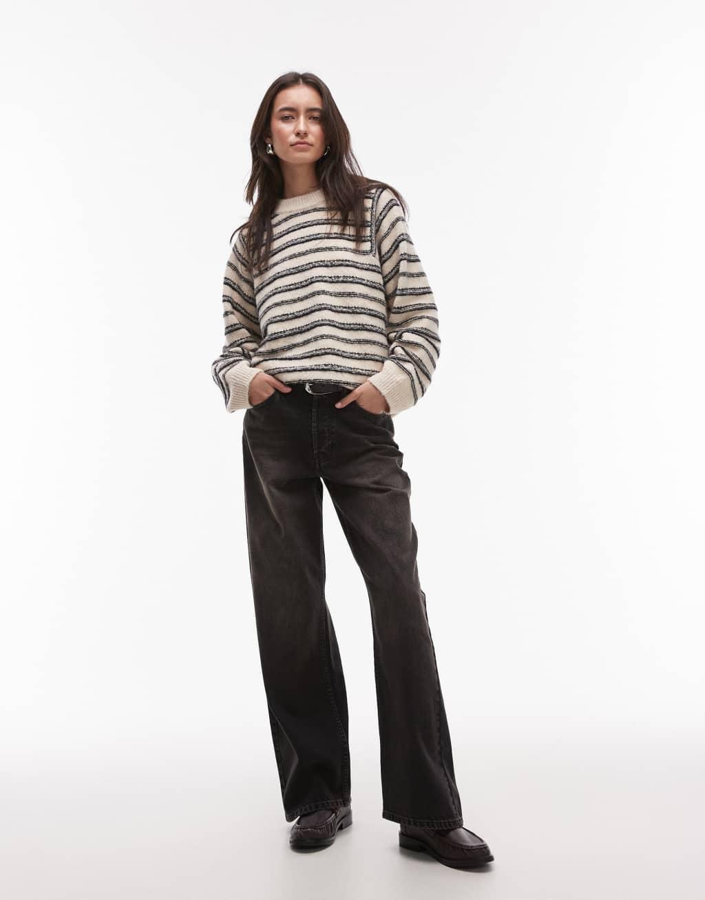 Topshop knitted forward seam stripe sweater in mono Product Image