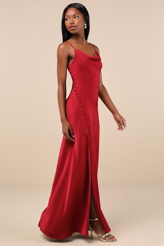 Truly a Beauty Wine Red Satin Cowl Neck Side Button Maxi Dress Product Image