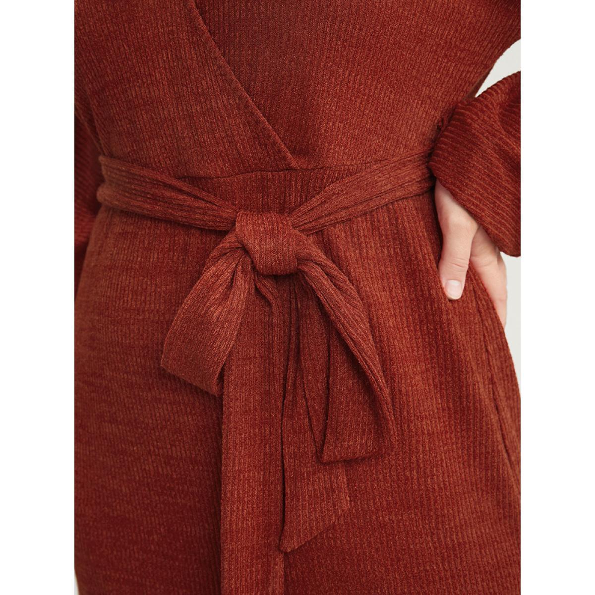 Plus Size Solid Surplice Neck Belted Knit Dress Russet Women Glamour Cross straps V-neck Long Sleeve Curvy Knee Dress BloomChic 14-16/1X Product Image