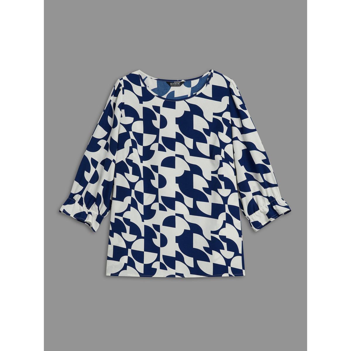 Plus Size Indigo Round Neck Geometric Print Blouse Women At the Office Elbow-length sleeve Round Neck Work Blouses BloomChic 12/L Product Image