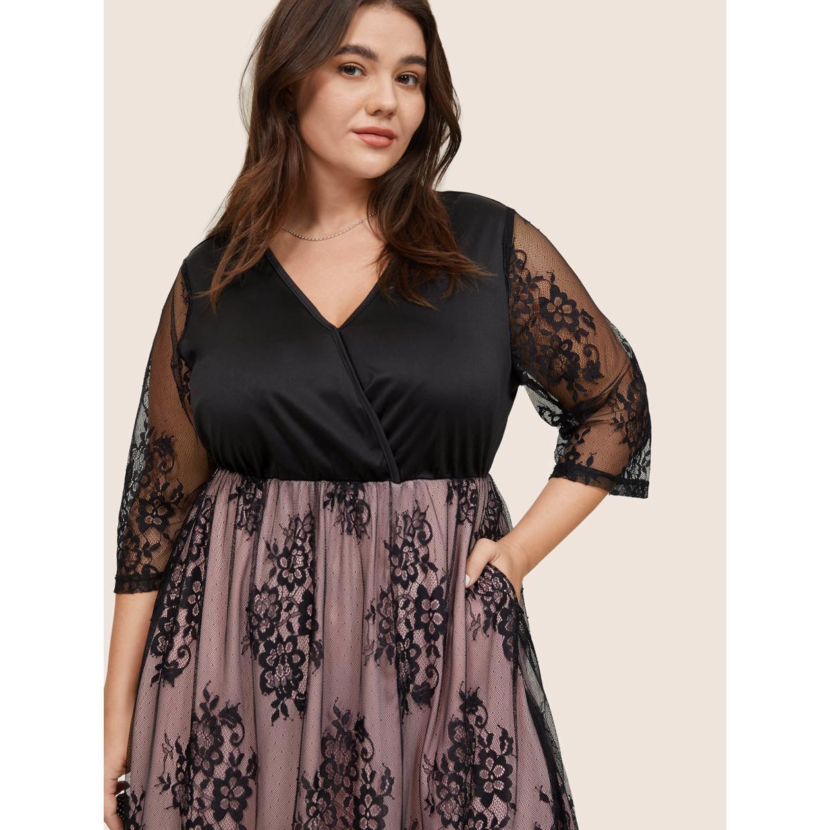 Plus Size Crochet Lace Mesh Overlap Collar Dress Black Women Glamour Lined Overlap Collar Elbow-length sleeve Curvy Midi Dress BloomChic 18-20/2X Product Image
