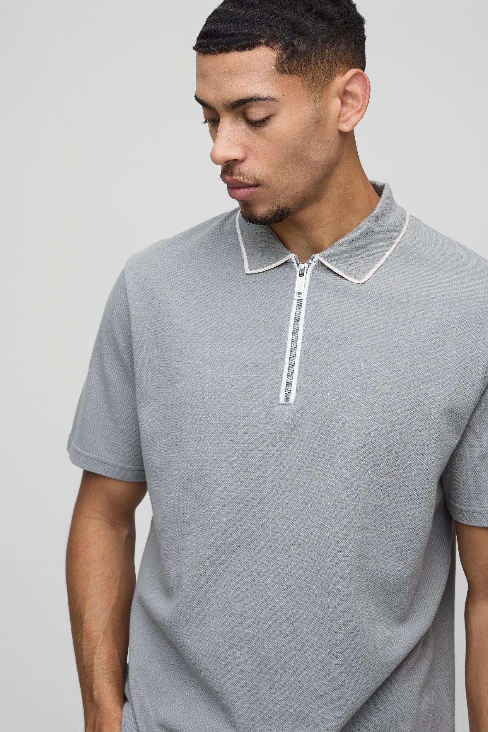 Regular Fit Pique Contrast Edge Zip Neck Polo | boohooMAN USA Product Image