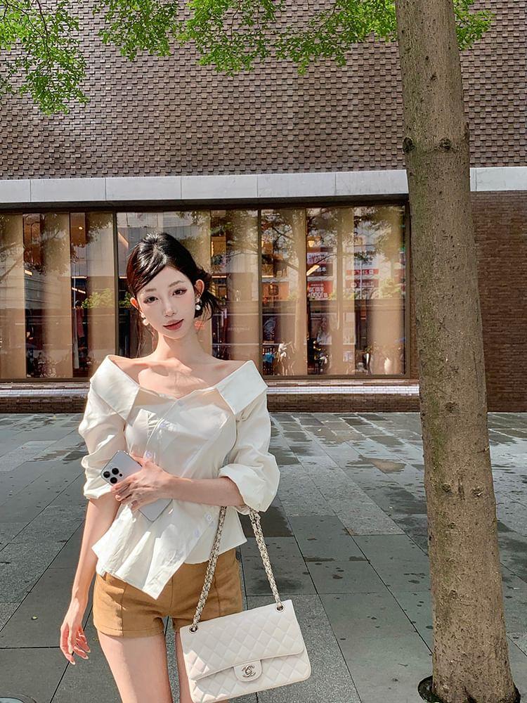 Off Shoulder Long-Sleeve V-Neck Plain Wrap Cropped Blouse Product Image