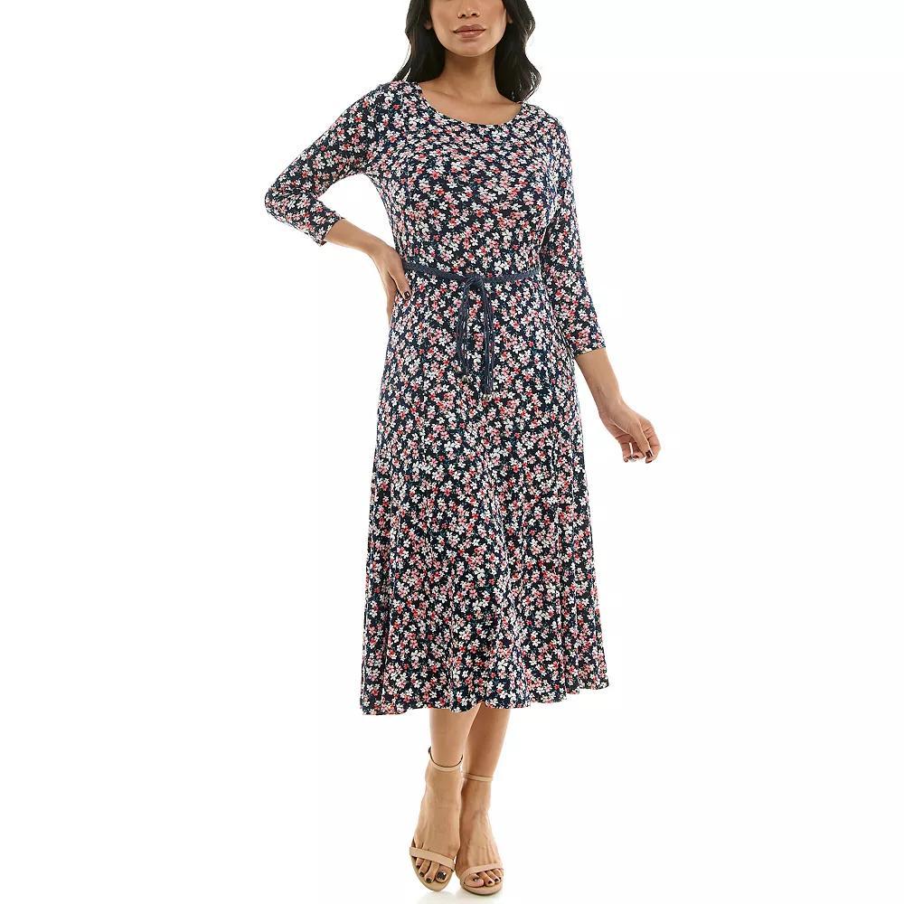 Women's Nina Leonard Sylvia Three-Quarter Sleeve Belted Midi Dress, Size: Small, Navy Pink Product Image