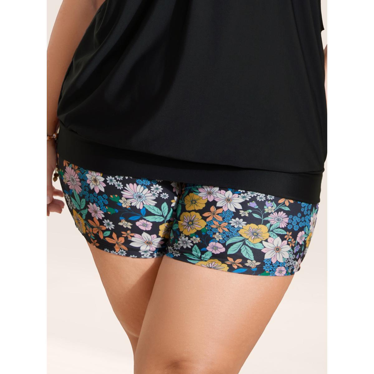 Plus Size Ditsy Floral High Rise Skinny Swim Bottom Women's Swimwear Black Beach Non High stretch Skinny High Rise Curve Swim Bottoms BloomChic 26/4X Product Image
