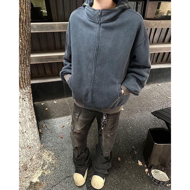 Plaid Panel Hooded Zip-Up Jacket Product Image