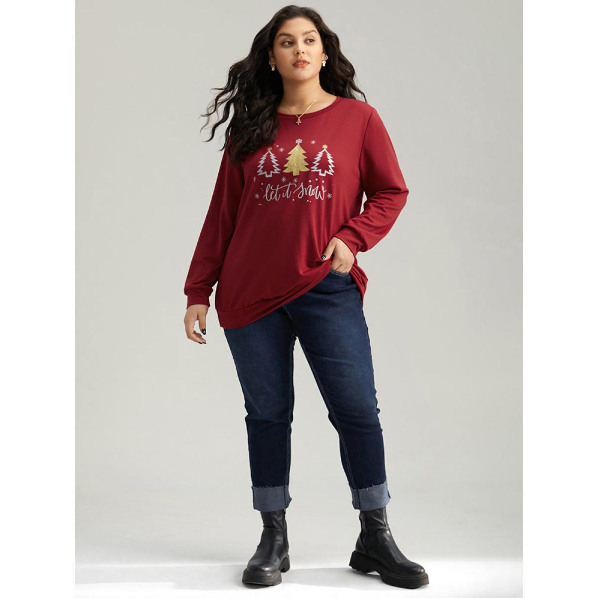 Plus Size Christmas Trees Round Neck Sweatshirt Women Raspberry Casual Printed Festival-Christmas Sweatshirts BloomChic 14-16/1X Product Image