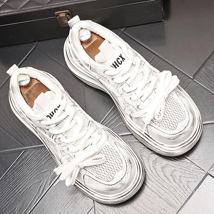 Platform Mesh Panel Lace-Up Faux Leather Sneakers Product Image