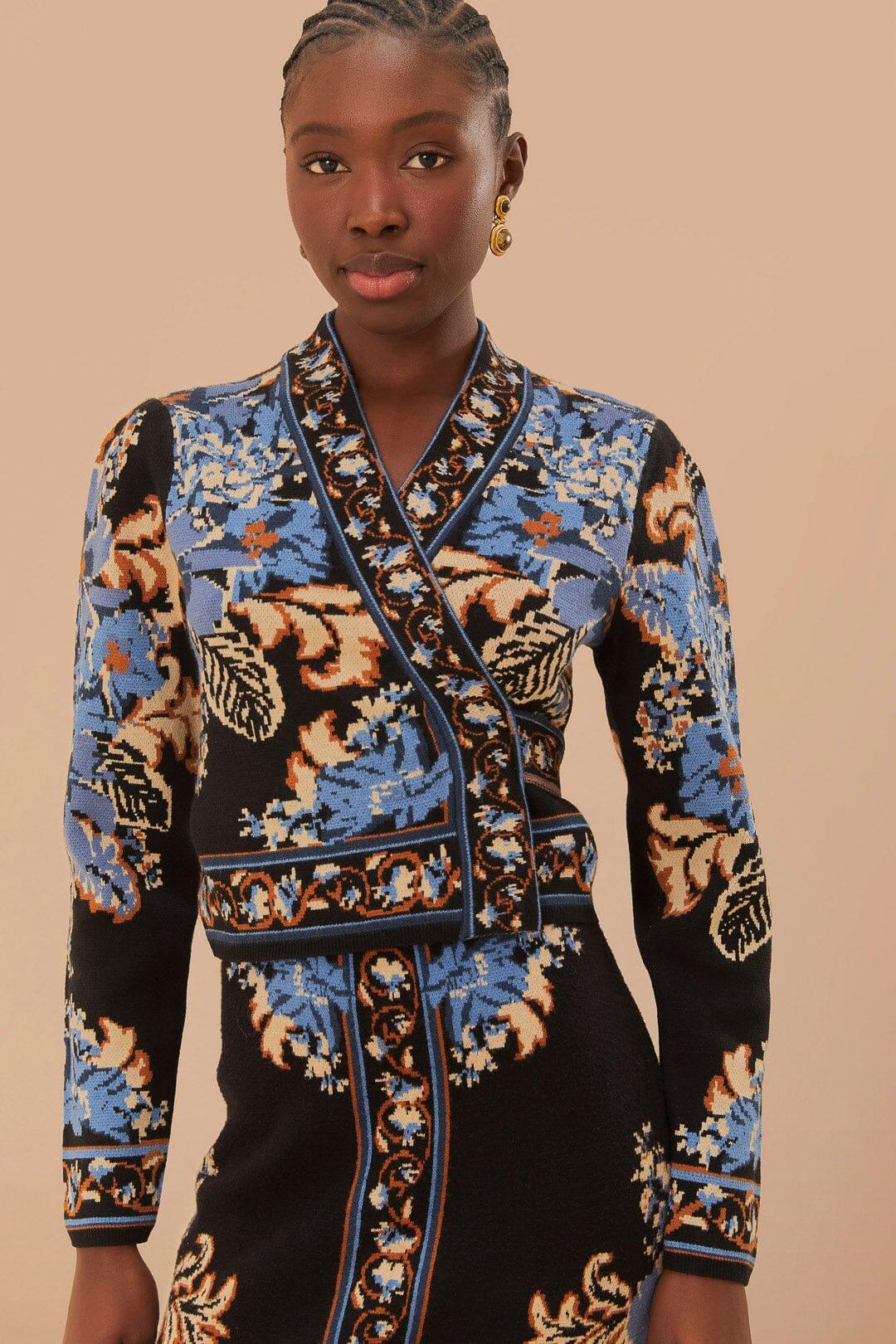 Black Blossom Tapestry Knit Wrap Blouse, BLOSSOM TAPESTRY BLACK / XL Product Image