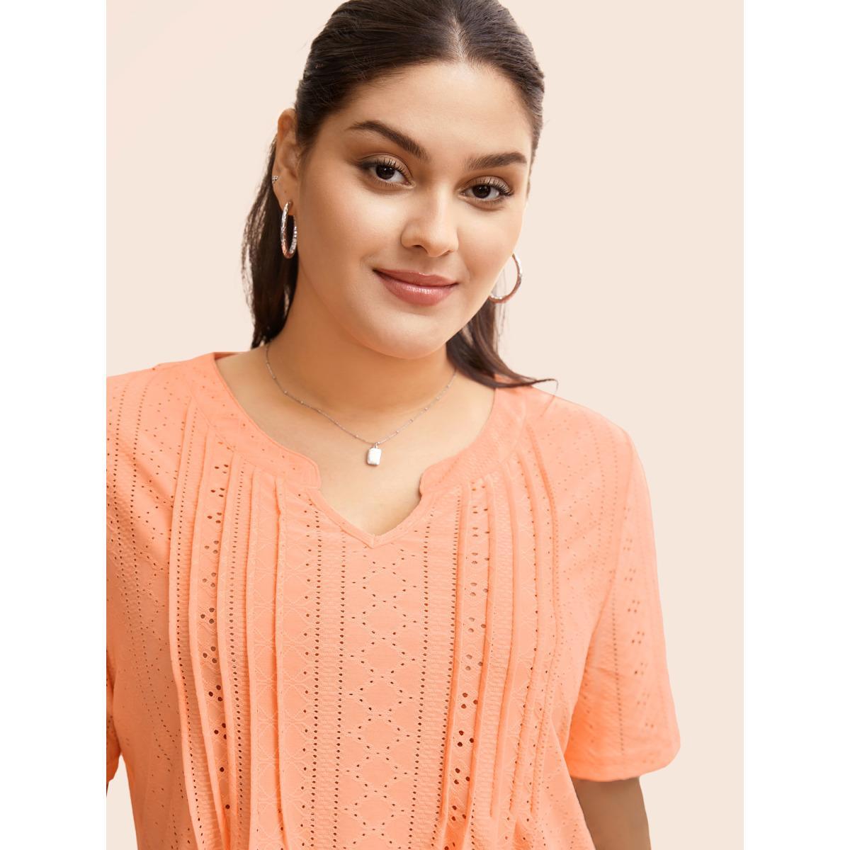 Plus Size Notched Broderie Anglaise Pleated T-shirt Lightorange Women Casual Texture Flat collar with V-notch Everyday T-shirts BloomChic 10/M Product Image