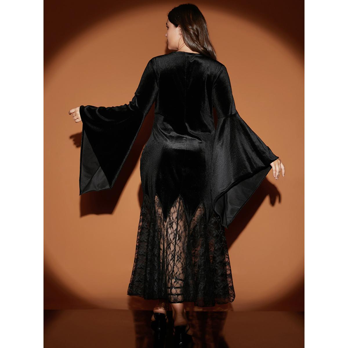 Plus Size Halloween Bell Sleeve Velvet Lace Insert Maxi Dress Black Women Party Slit V-neck Long Sleeve Curvy Long Dress BloomChic 28/5X Product Image