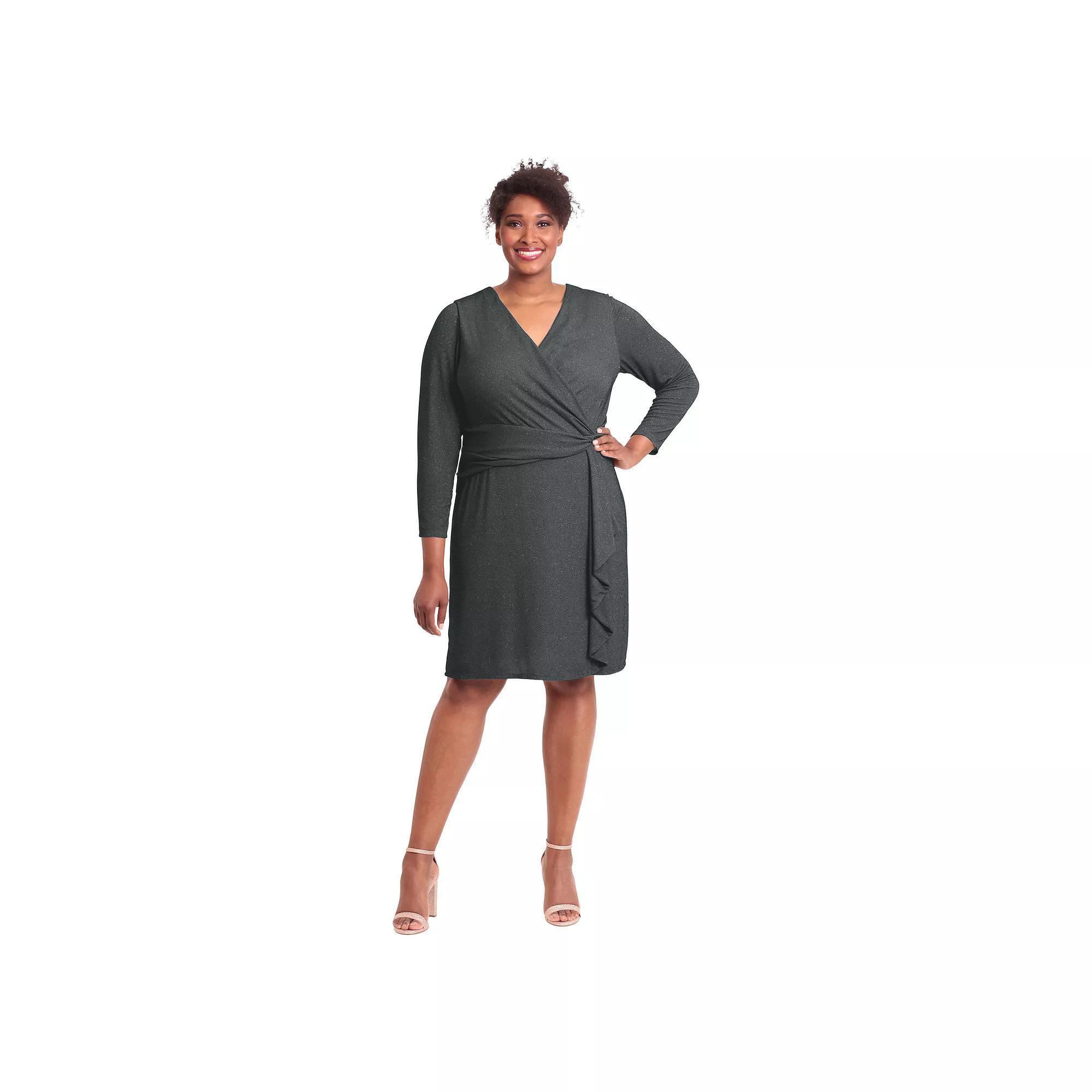 Plus Size London Times Shirred Surplice Side Flounce Long Sleeve Dress, Women's, Size: 14 W, Green Product Image