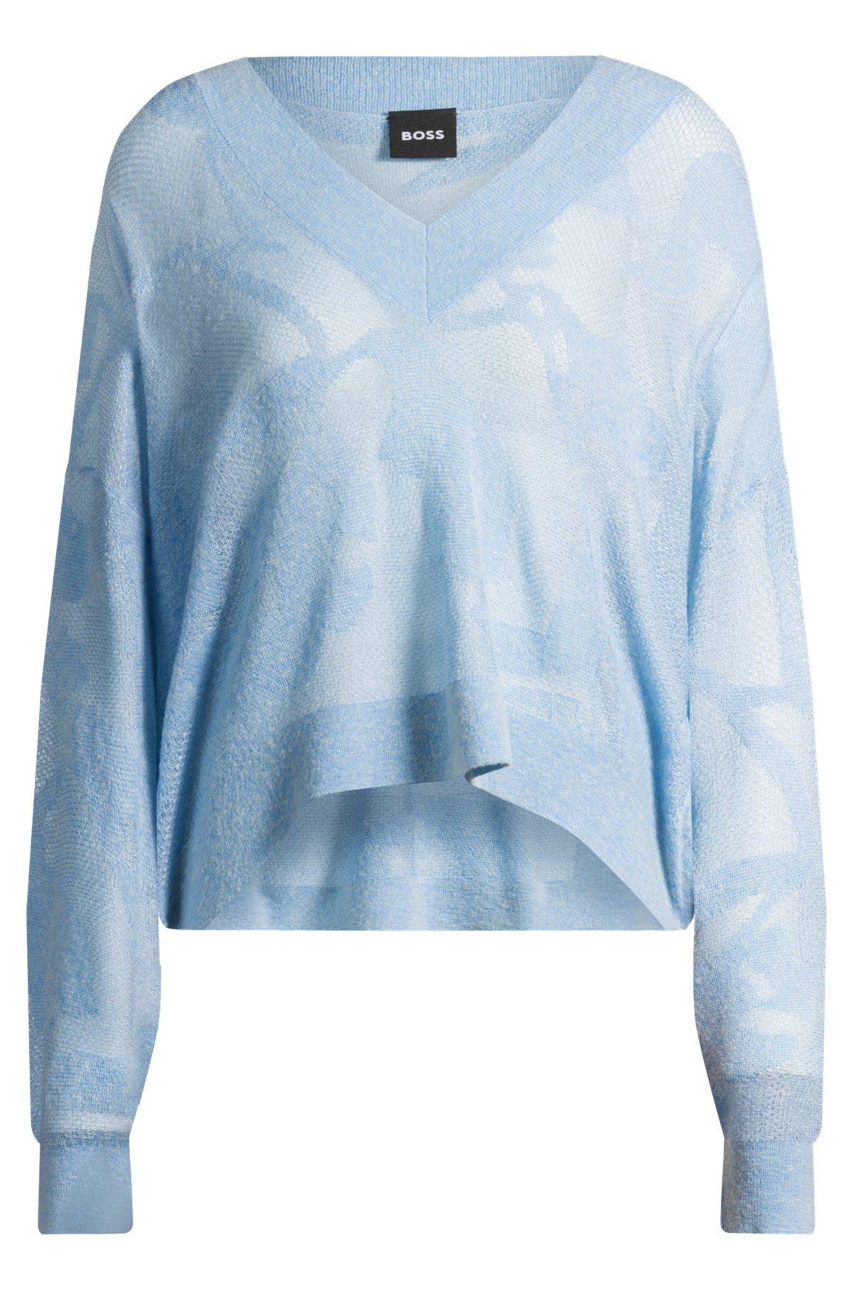 BOSS - V-neck sweater in floral knitted jacquard - Light Blue Product Image