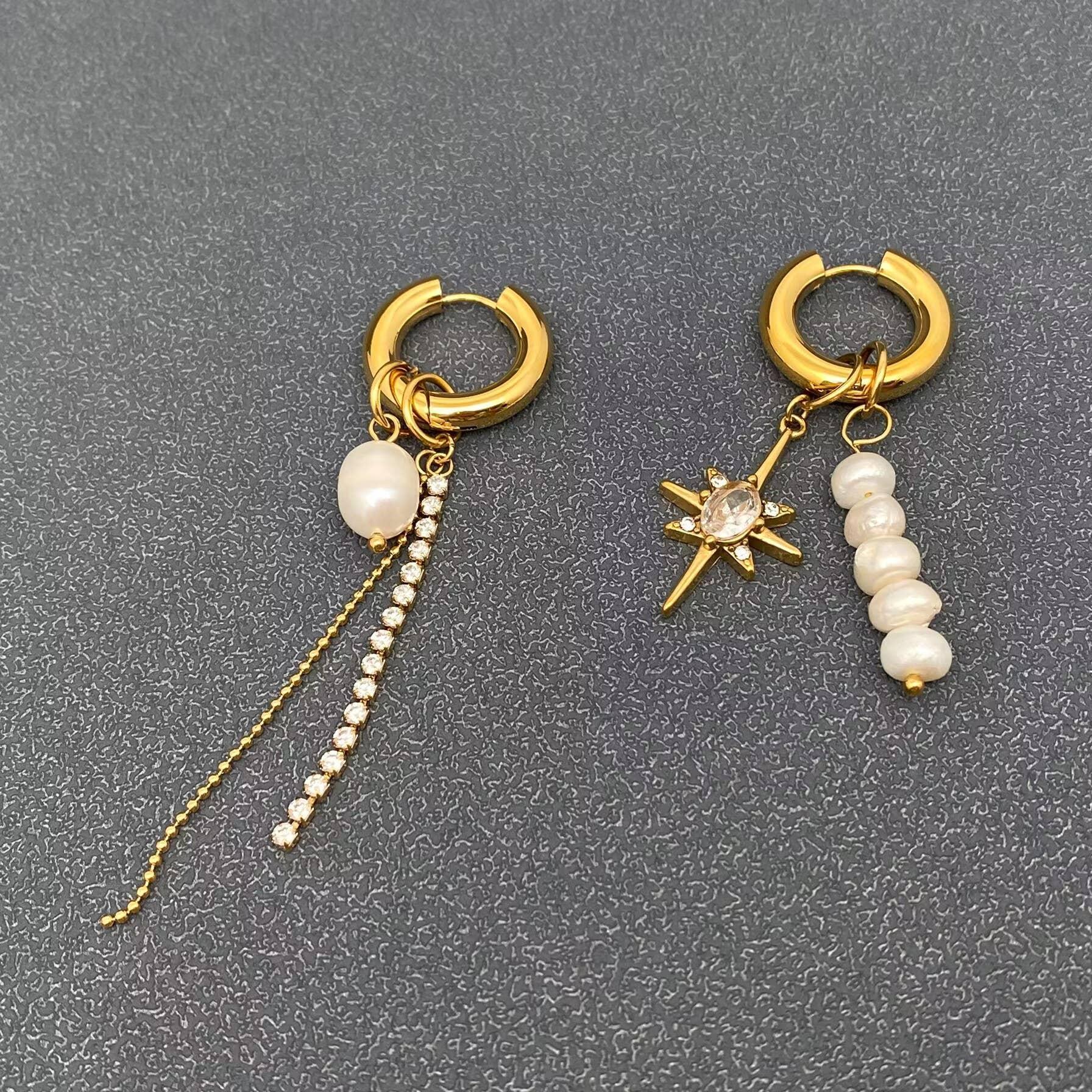 Pearl Zircon Star Charm 18 Gold Plated Huggie Earrings Product Image