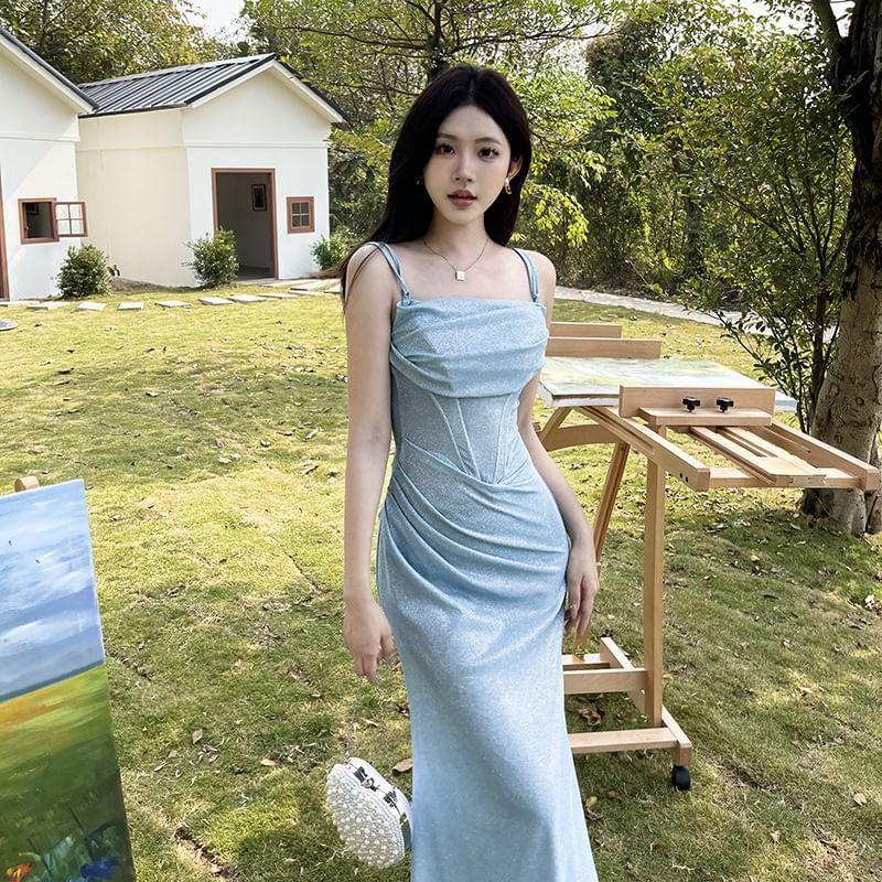 Sleeveless Glitter Ruched Slim-Fit Maxi Bodycon Dress Product Image