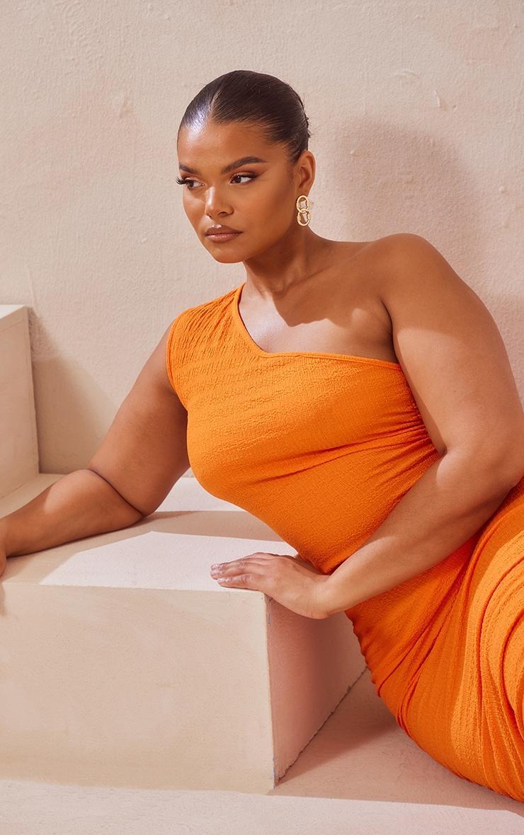 Plus Orange One Shoulder Textured Midi Dress Product Image