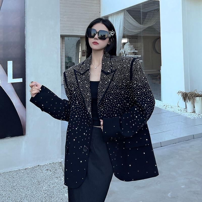 Peak Lapel Plain Rhinestone Single Breasted Blazer Product Image