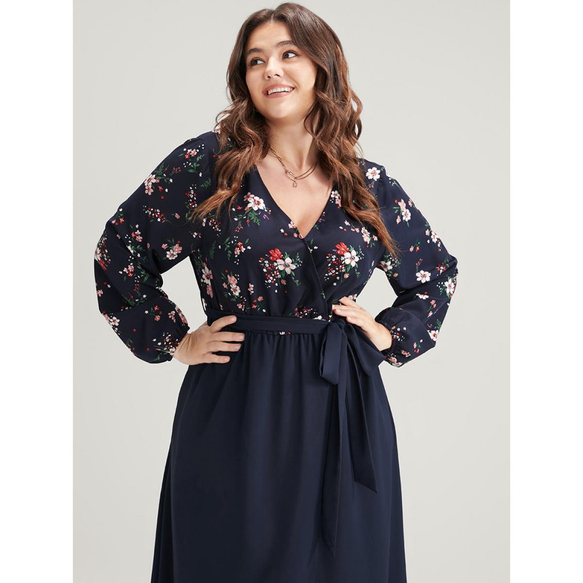 Plus Size Floral Print Wrap Pocket Belted Split Dress DarkBlue Women Elegant Elastic Waist V-neck Long Sleeve Curvy Midi Dress BloomChic 30/6X Product Image