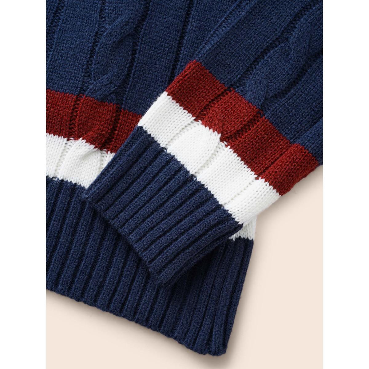 Plus Size Contrast Striped Patch Pocket Cable Knit Cardigan Indigo Women Casual Loose Long Sleeve Everyday Cardigans BloomChic 26/4X Product Image