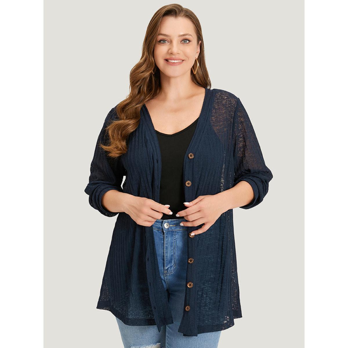 Plus Size Solid Rib Knit Button Through Mesh Kimono Women DarkBlue Casual See through Dailywear Kimonos BloomChic 18-20/2X Product Image