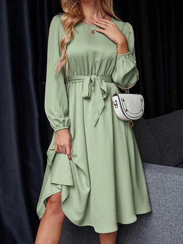 Loose Puff Sleeves Elasticity Pleated Solid Color Split-Joint Tied Waist Round-Neck Midi Dresses Product Image