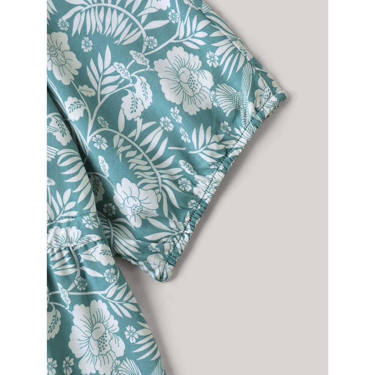Plus Size Mint Floral Print Surplice Neck Waist-Cinched Shirt Women Resort Elbow-length sleeve Overlap Collar Vacation Blouses BloomChic 14-16/1X Product Image