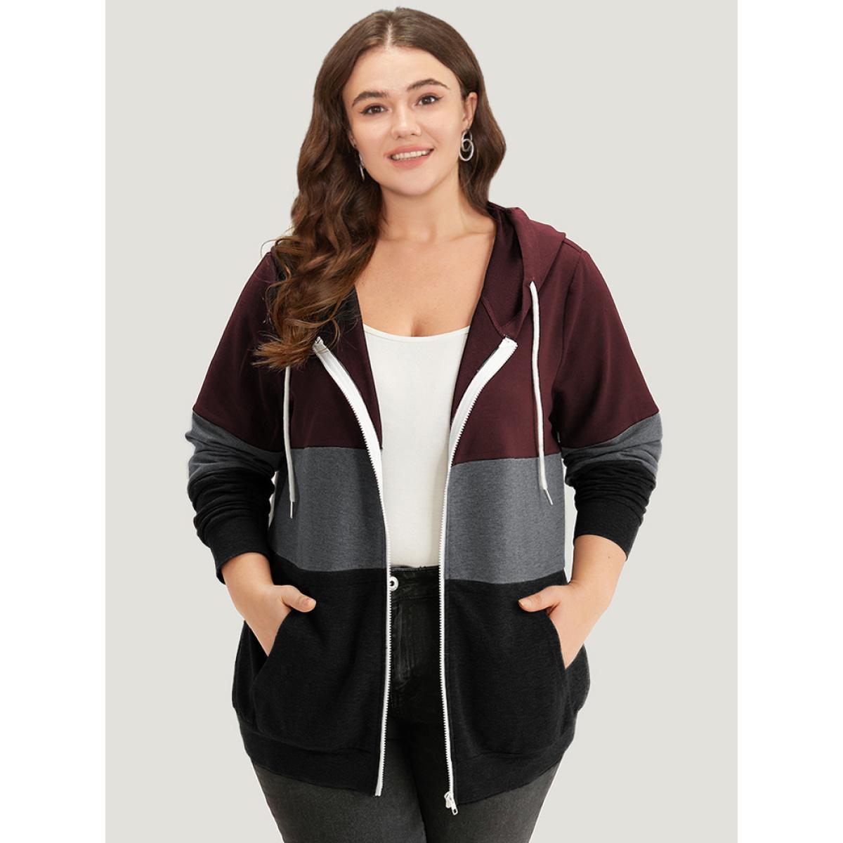 Plus Size Colorblock Contrast Drawstring Zipper Hooded Sweatshirt Women Burgundy Casual Contrast Hooded Everyday Sweatshirts BloomChic 10/M Product Image