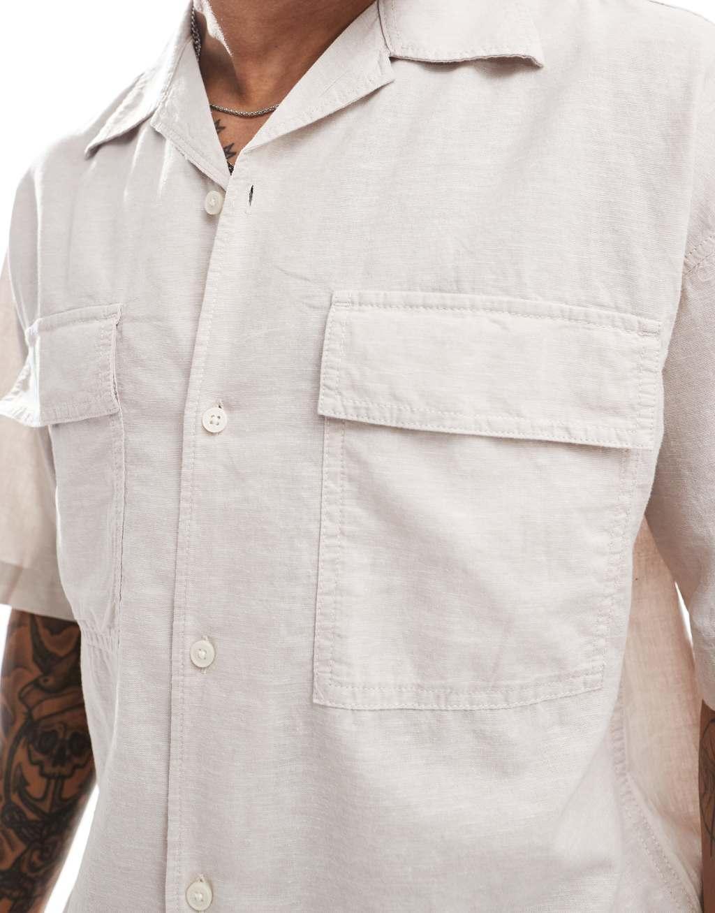 Jack & Jones oversized utility pocket linen shirt in beige Product Image