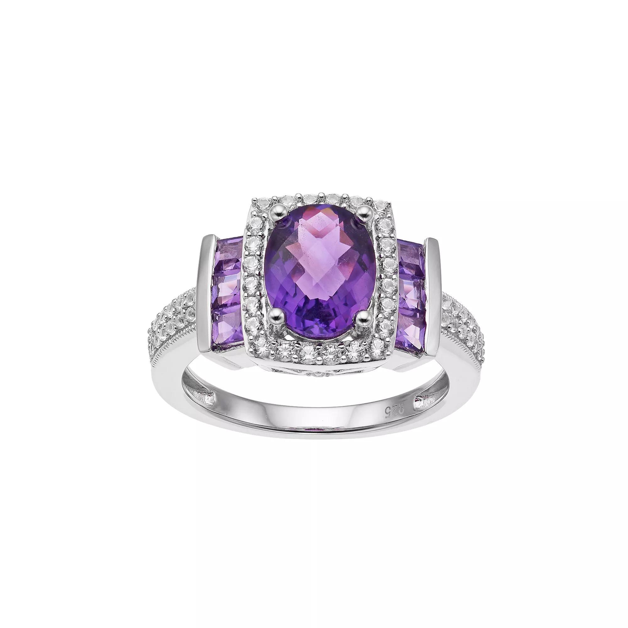 Sterling Silver Amethyst & Lab-Created White Sapphire Halo Ring, Womens Product Image