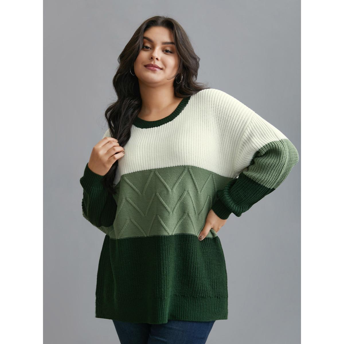 Plus Size Textured Color Block Round Neck Pullover DarkGreen Women Casual Loose Long Sleeve Round Neck Everyday Pullovers BloomChic 28/5X Product Image